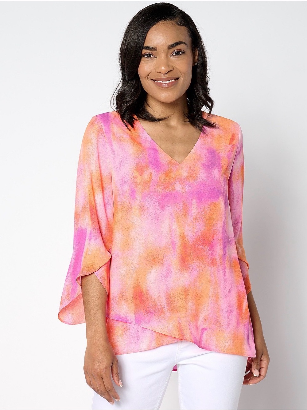 Beautiful by Lawrence Zarian V-Neck Tunic Top in Pink and Orange